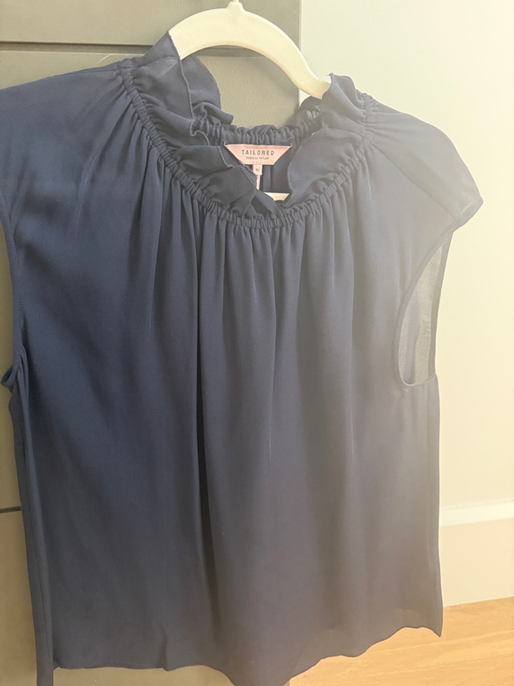 Rebecca Taylor Navy Sleeveless Ruffle-Neck Blouse